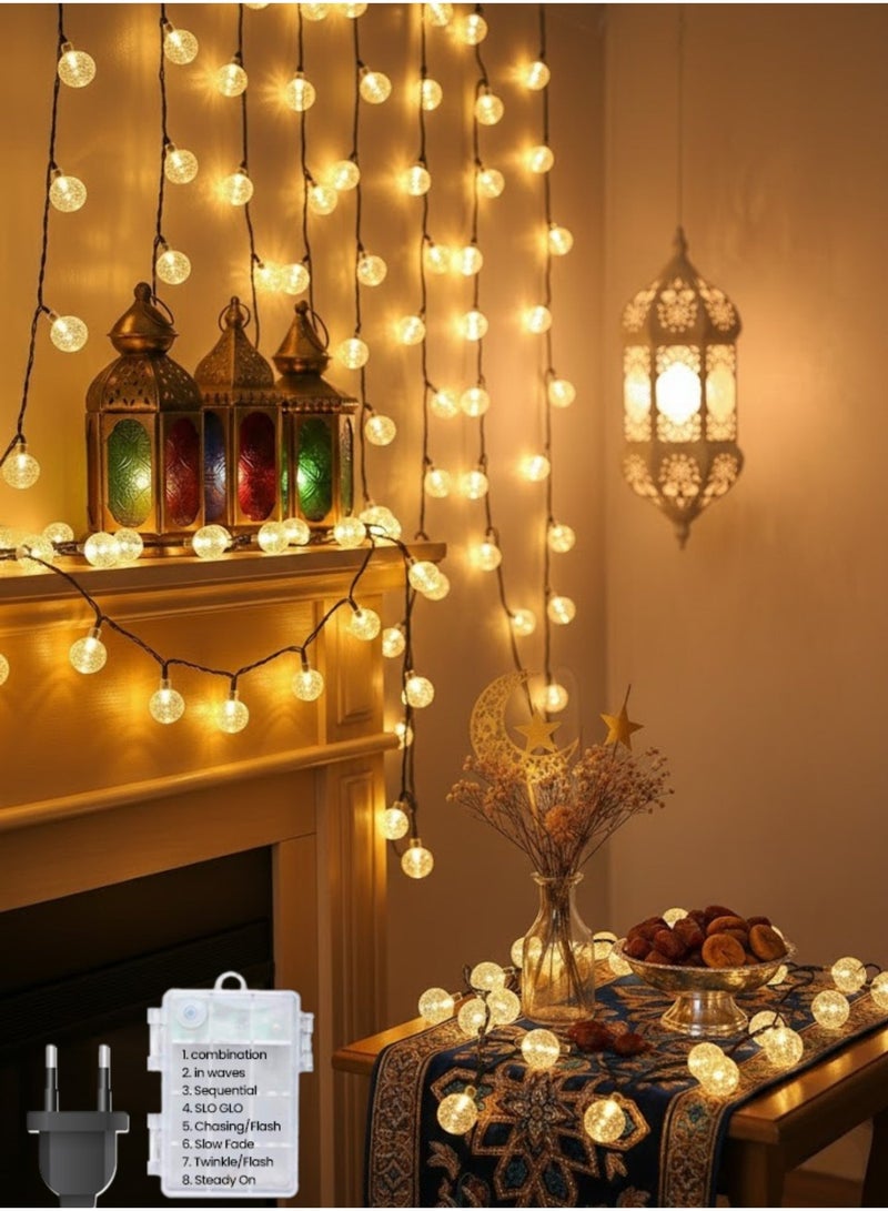 مودي سلسلة أضواء رمضانية بطول 30 مترًا، تحتوي على 180 مصباح LED كروي دافئ اللون، مناسبة للاستخدام الداخلي والخارجي، مع 8 أوضاع إضاءة - سلك أسود، 12 واط، مقاومة للماء بمعيار IP44، إضاءة كريستالية دافئة بيضاء - مثالية لتزيين مناسبات العيد، الكريسماس، رأس السنة، وديوالي - Image 3